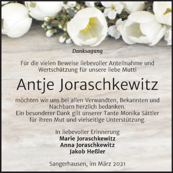 Traueranzeige von Antje Joraschkewitz von Mitteldeutsche Zeitung Sangerhausen
