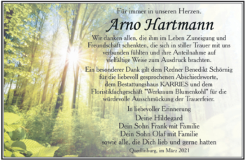Traueranzeige von Arno Hartmann von Mitteldeutsche Zeitung Quedlingburg