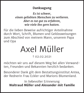 Traueranzeige von Axel Müller von Mitteldeutsche Zeitung Wittenberg