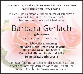 Traueranzeige von Barbara Gerlach von Mitteldeutsche Zeitung Wittenberg