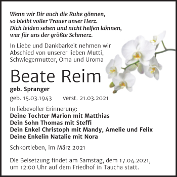 Traueranzeige von Beate Reim von Mitteldeutsche Zeitung Weißenfels