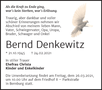 Traueranzeige von Bernd Denkewitz von Mitteldeutsche Zeitung Bernburg