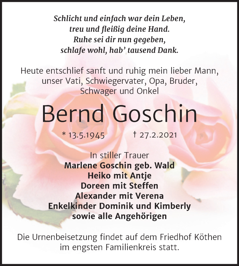  Traueranzeige für Bernd Goschin vom 06.03.2021 aus Super Sonntag Köthen