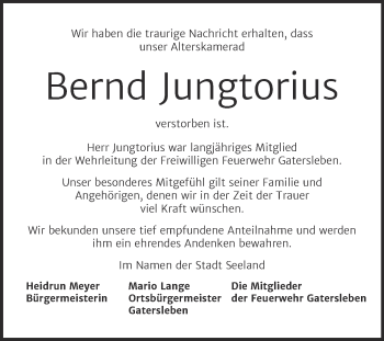 Traueranzeige von Bernd Jungtorius von Super Sonntag Aschersleben