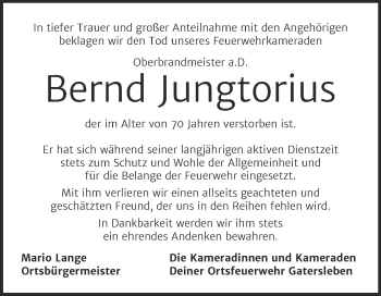 Traueranzeige von Bernd Jungtorius von Super Sonntag Aschersleben