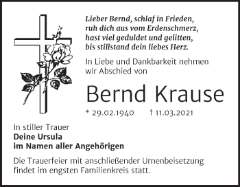 Traueranzeige von Bernd Krause von Mitteldeutsche Zeitung Merseburg/Querfurt