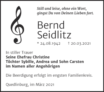 Traueranzeige von Bernd Seidlitz von Mitteldeutsche Zeitung Quedlingburg