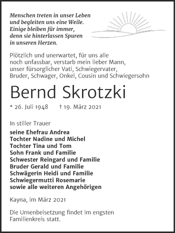 Traueranzeige von Bernd Skrotzki von Mitteldeutsche Zeitung Zeitz