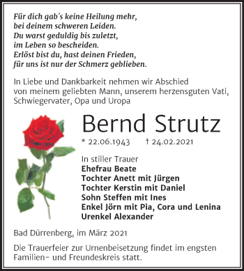 Traueranzeige von Bernd Strutz von Mitteldeutsche Zeitung Merseburg/Querfurt