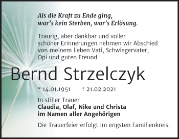 Traueranzeige von Bernd Strzelczyk von Mitteldeutsche Zeitung Bernburg