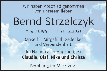 Traueranzeige von Bernd Strzelczyk von Mitteldeutsche Zeitung Bernburg