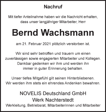 Traueranzeige von Bernd Wachsmann von Mitteldeutsche Zeitung Quedlingburg