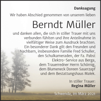 Traueranzeige von Berndt Müller von Mitteldeutsche Zeitung Sangerhausen