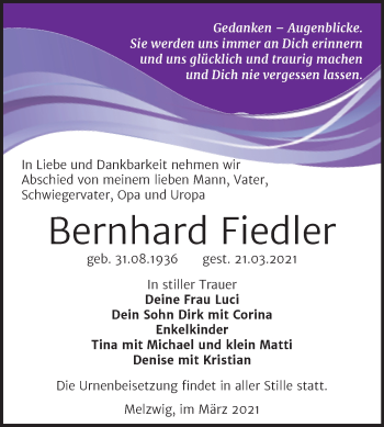 Traueranzeige von Bernhard Fiedler von Mitteldeutsche Zeitung Wittenberg