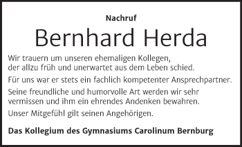 Traueranzeige von Bernhard Herda von Mitteldeutsche Zeitung Bernburg