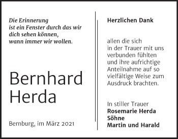Traueranzeige von Bernhard Herda von Mitteldeutsche Zeitung Bernburg