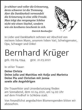 Traueranzeige von Bernhard Krüger von Mitteldeutsche Zeitung Wittenberg