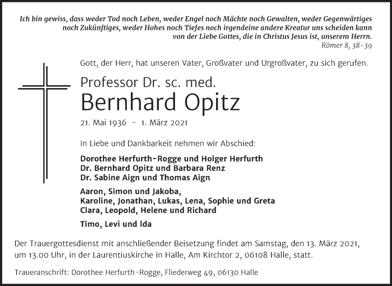  Traueranzeige für Bernhard Opitz vom 06.03.2021 aus Mitteldeutsche Zeitung Halle/Saalkreis