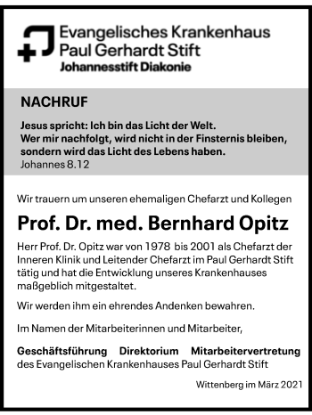 Traueranzeige von Bernhard Opitz von Super Sonntag Wittenberg