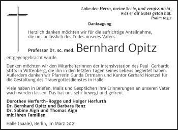 Traueranzeige von Bernhard Opitz von Mitteldeutsche Zeitung Halle/Saalkreis