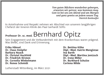 Traueranzeige von Bernhard Opitz von Mitteldeutsche Zeitung Wittenberg