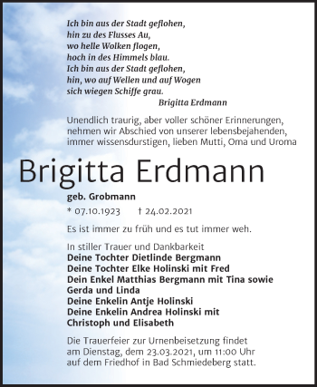 Traueranzeige von Brigitta Erdmann von Mitteldeutsche Zeitung Wittenberg