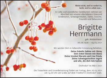 Traueranzeige von Brigitte Herrmann von Mitteldeutsche Zeitung Aschersleben