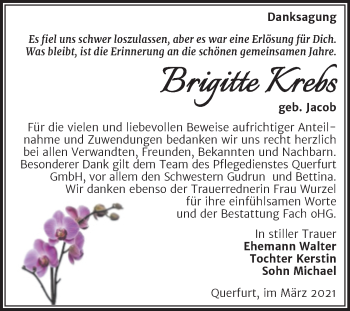 Traueranzeige von Brigitte Krebs von Mitteldeutsche Zeitung Merseburg/Querfurt