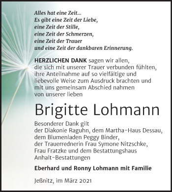 Traueranzeige von Brigitte Lohmann von Mitteldeutsche Zeitung Bitterfeld