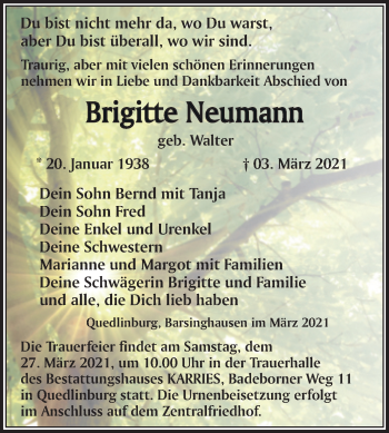 Traueranzeige von Brigitte Neumann von Mitteldeutsche Zeitung Quedlingburg