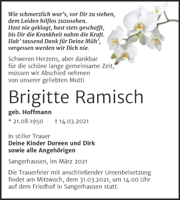 Traueranzeige von Brigitte Ramisch von Mitteldeutsche Zeitung Sangerhausen