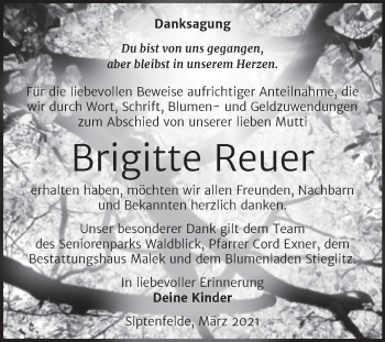 Traueranzeige von Brigitte Reuer von Mitteldeutsche Zeitung Quedlingburg