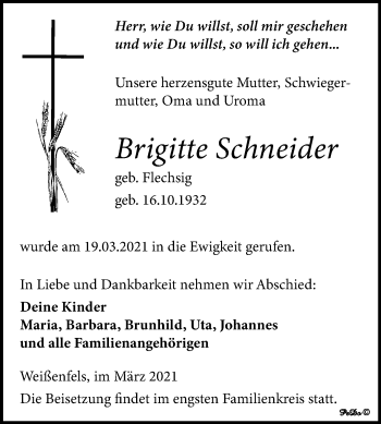 Traueranzeige von Brigitte Schneider von Mitteldeutsche Zeitung Weißenfels