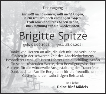 Traueranzeige von Brigitte Spitze von Mitteldeutsche Zeitung Naumburg/Nebra