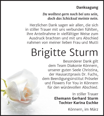 Traueranzeige von Brigitte Sturm von Mitteldeutsche Zeitung Bernburg