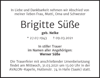 Traueranzeige von Brigitte Süße von Mitteldeutsche Zeitung Halle/Saalkreis