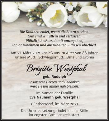 Traueranzeige von Brigitte Westphal von Mitteldeutsche Zeitung Merseburg/Querfurt