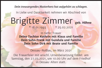 Traueranzeige von Brigitte Zimmer von Mitteldeutsche Zeitung Dessau-Roßlau