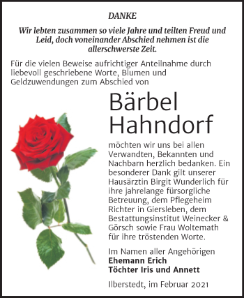 Traueranzeige von Bärbel Hahndorf von Mitteldeutsche Zeitung / Super Sonntag Bernburg