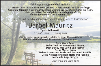 Traueranzeige von Bärbel Mauritz von Mitteldeutsche Zeitung Wittenberg
