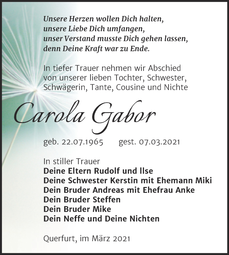  Traueranzeige für Carola Gabor vom 13.03.2021 aus Mitteldeutsche Zeitung Merseburg/Querfurt
