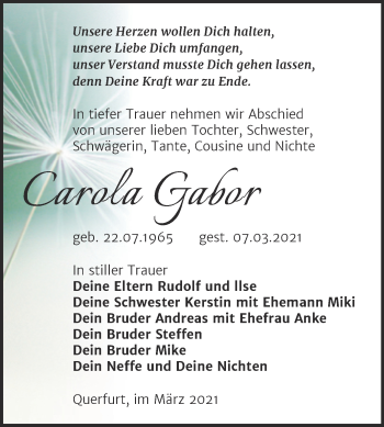 Traueranzeige von Carola Gabor von Mitteldeutsche Zeitung Merseburg/Querfurt