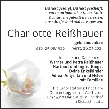 Traueranzeige von Charlotte Reißhauer von Mitteldeutsche Zeitung Halle/Saalkreis