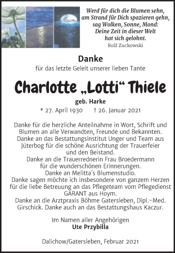Traueranzeige von Charlotte Thiele von Mitteldeutsche Zeitung Aschersleben