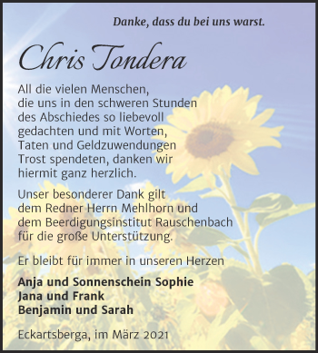 Traueranzeige von Chris Tondera von Super Sonntag Naumburg/Nebra