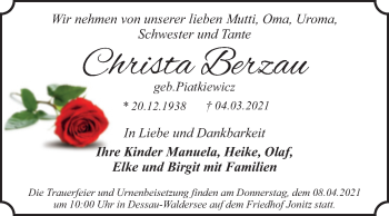 Traueranzeige von Christa Berzau von Mitteldeutsche Zeitung Dessau-Roßlau