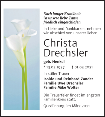Traueranzeige von Christa Drechsler von Mitteldeutsche Zeitung Quedlinburg