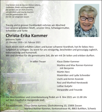 Traueranzeige von Christa-Erika Kammer von Mitteldeutsche Zeitung Quedlinburg