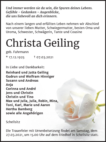 Traueranzeige von Christa Geiling von Mitteldeutsche Zeitung Naumburg/Nebra