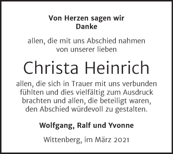 Traueranzeige von Christa Heinrich von Mitteldeutsche Zeitung Wittenberg